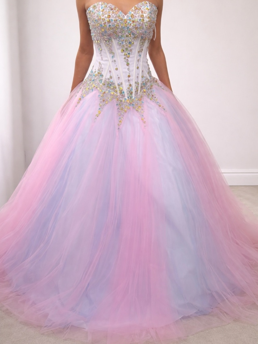 Strapless Pink & Lavender Tulle Ball Gown Prom Dress